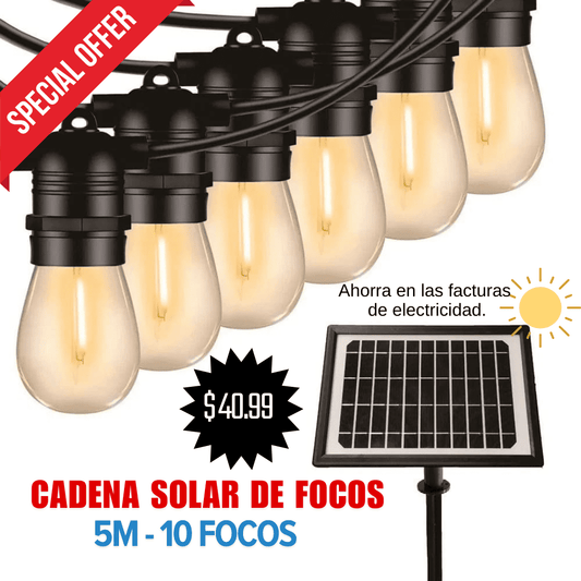 CADENA DE FOCOS A PANEL SOLAR PARA EXTERIORES (5M - 10 Focos)