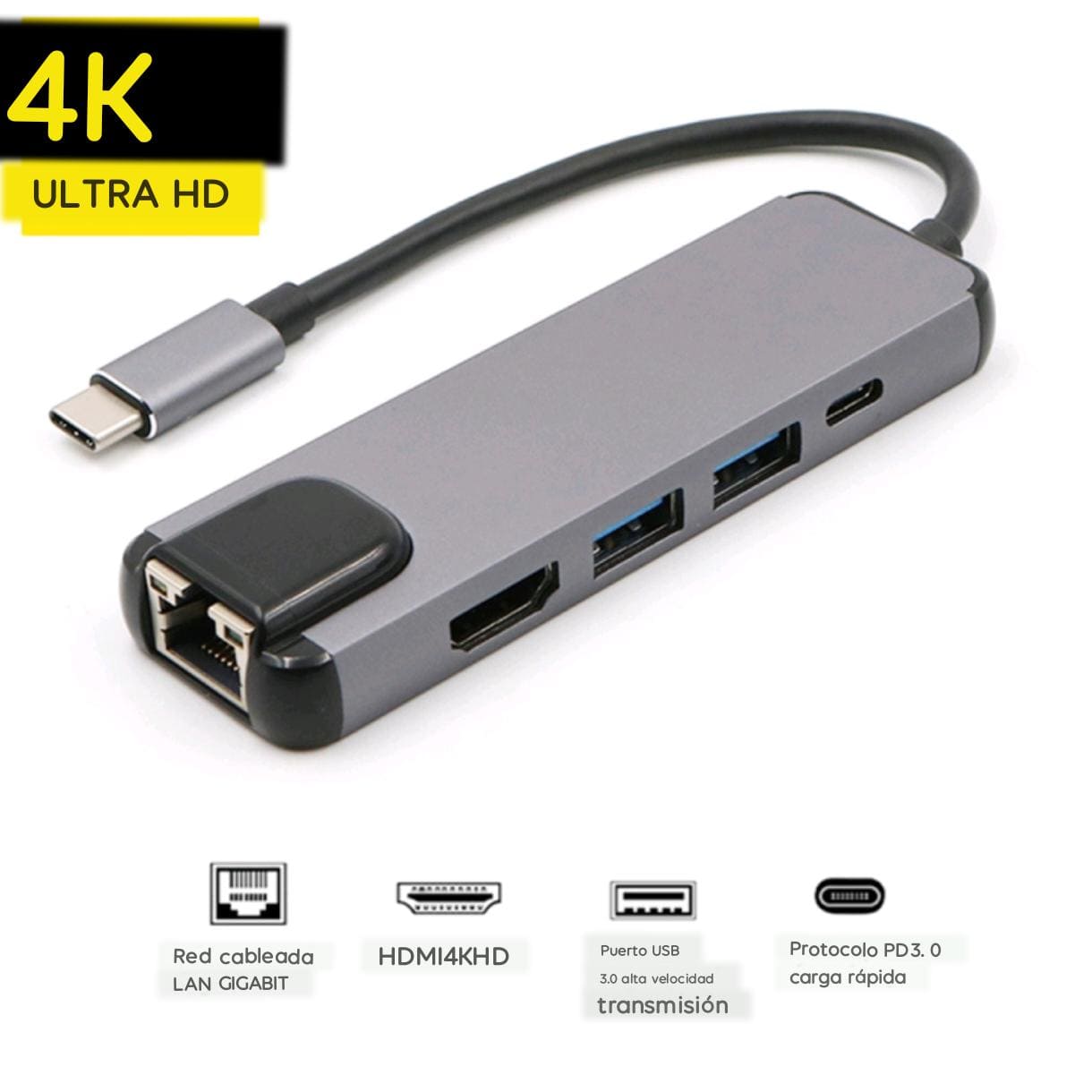 Adaptador TipoC 5en1 Ethernet Usb