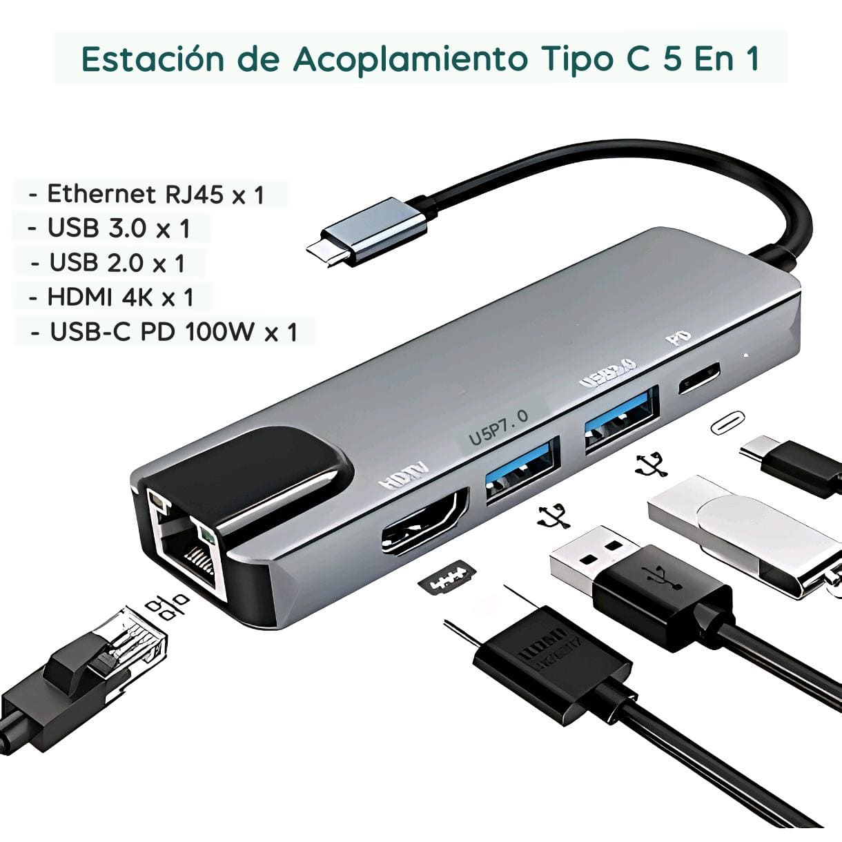 Adaptador TipoC 5en1 Ethernet Usb
